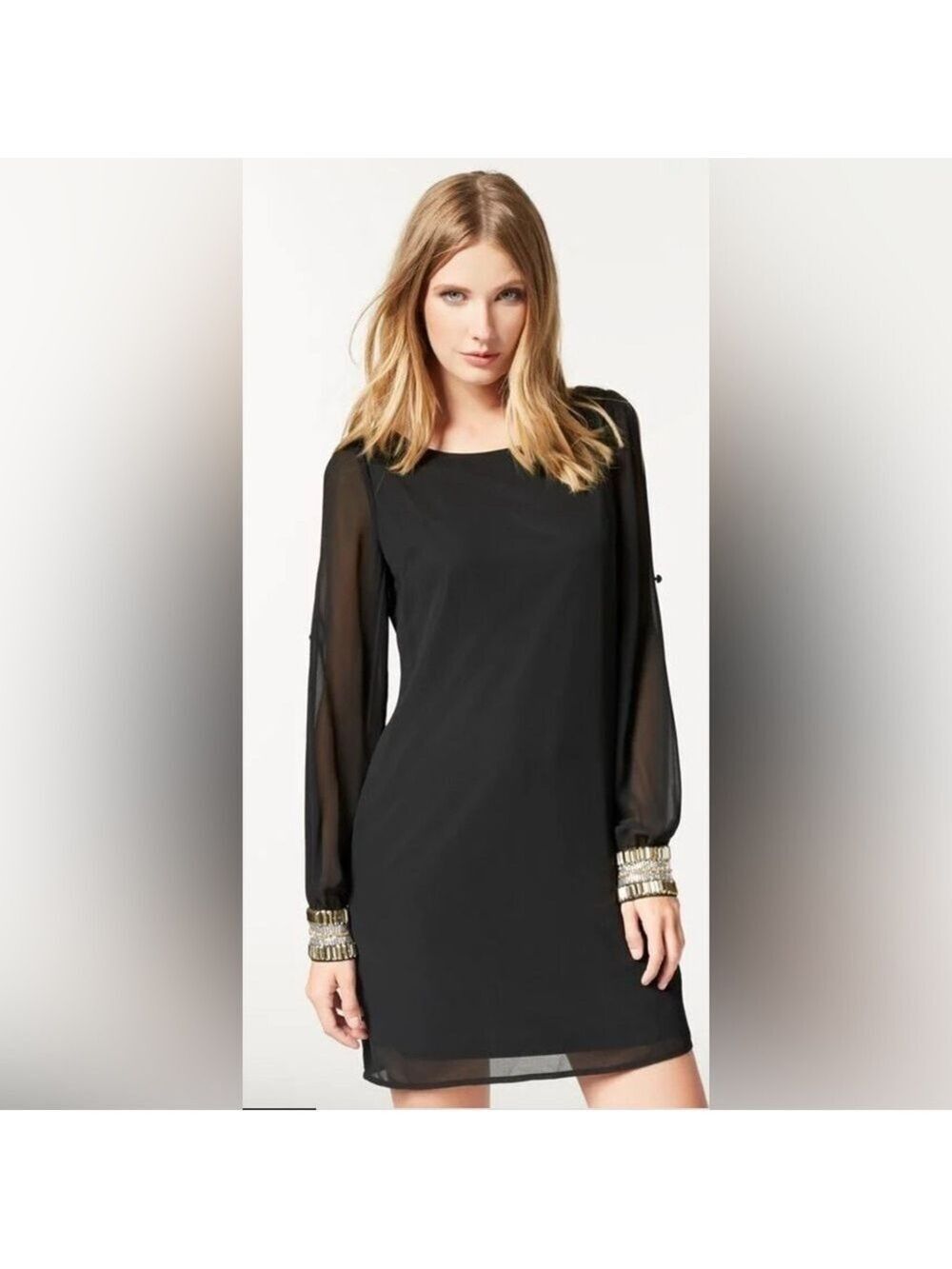 Bebe Embellished Cuff Sheer Sleeve Shift Dress Size XS